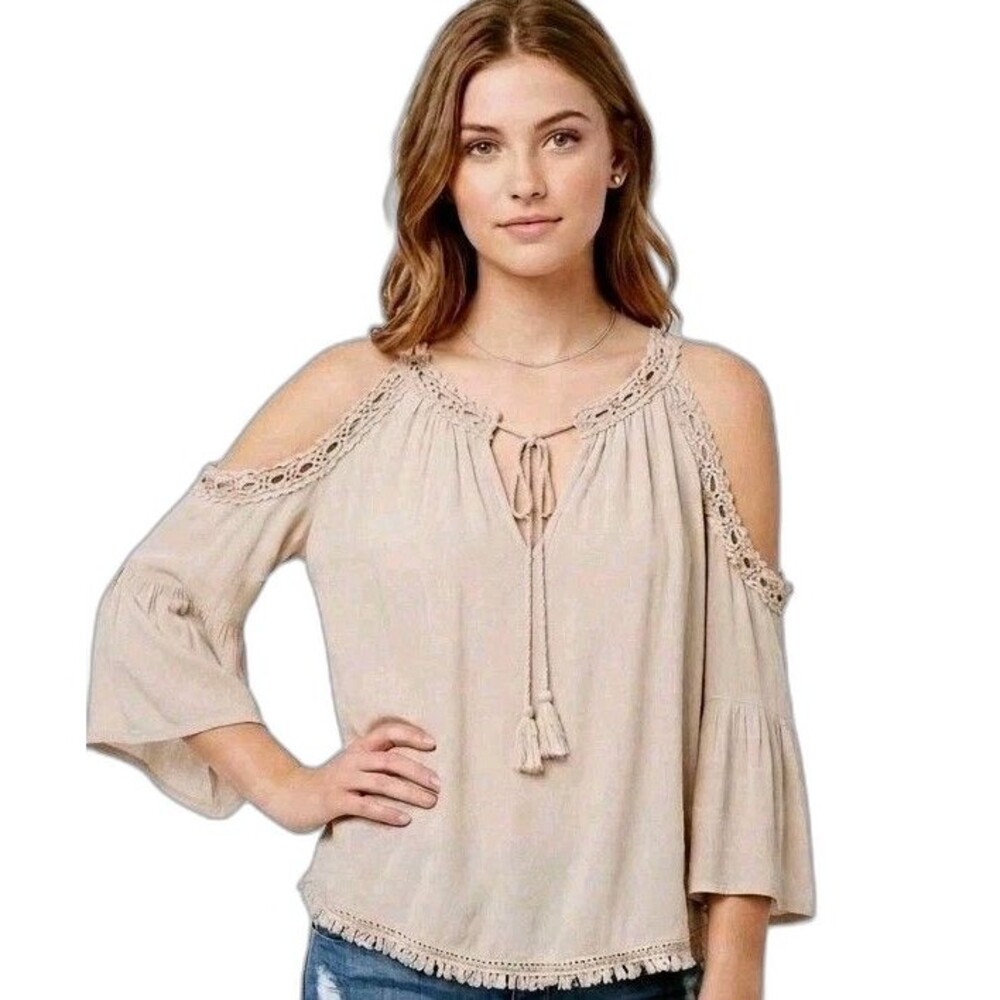 Lovestitch Top M Beige Crochet Tassel Tie Cold Shoulder Bell Slv Festival Fairie